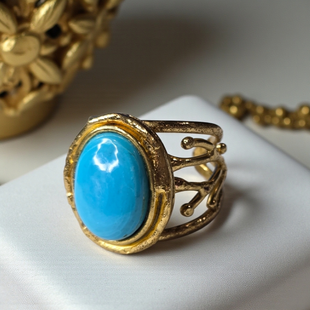 18k Gold Plated Artisan Genuine Turquoise Flower Branch Wide Band Ring